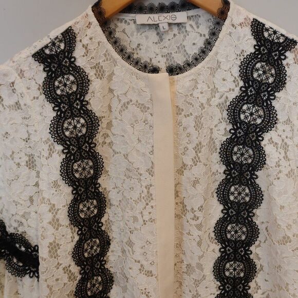 Alexis floral Lace Blouse White black button Romantic Chic Designer formal Larg - Picture 3 of 12